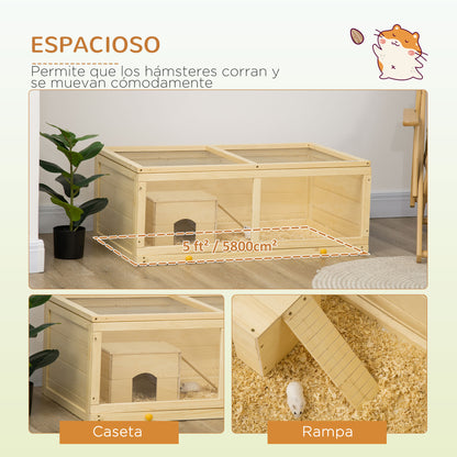 Pawhut Jaula Para Hámster De Madera 100x58x38 Cm Con Tapa Abatible Natural_3