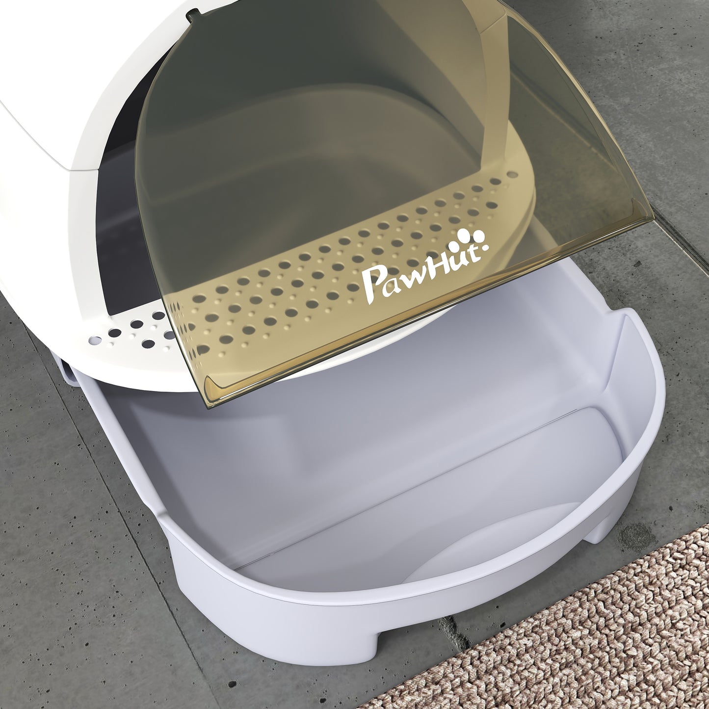 Pawhut Arenero Para Gatos Cubierto Con Bandeja Pala Y Asa Superior Blanco Y Gris_3