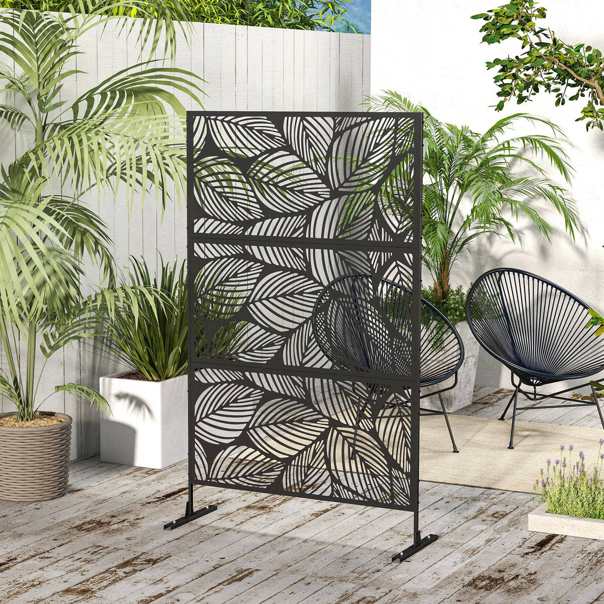 Outsunny Biombo Exterior Con 3 Piezas Patrón De Hoja Grande 122x45x198cm Negro_1