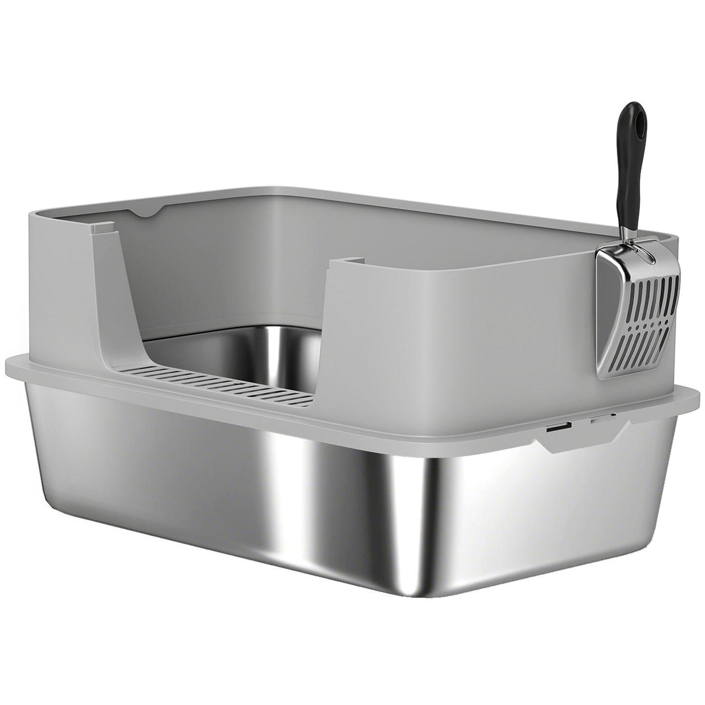 Pawhut Arenero Para Gatos De Acero Inoxidable Xl Borde Alto 60x40x29,5 Cm Gris_0