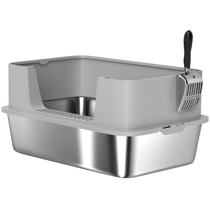 Pawhut Arenero Para Gatos De Acero Inoxidable Xl Borde Alto 60x40x29,5 Cm Gris_0