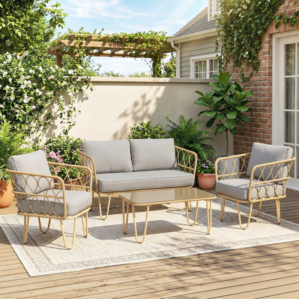 Outsunny Conjunto De Jardín De Ratán Sintético De 4 Piezas Natural Y Gris_1