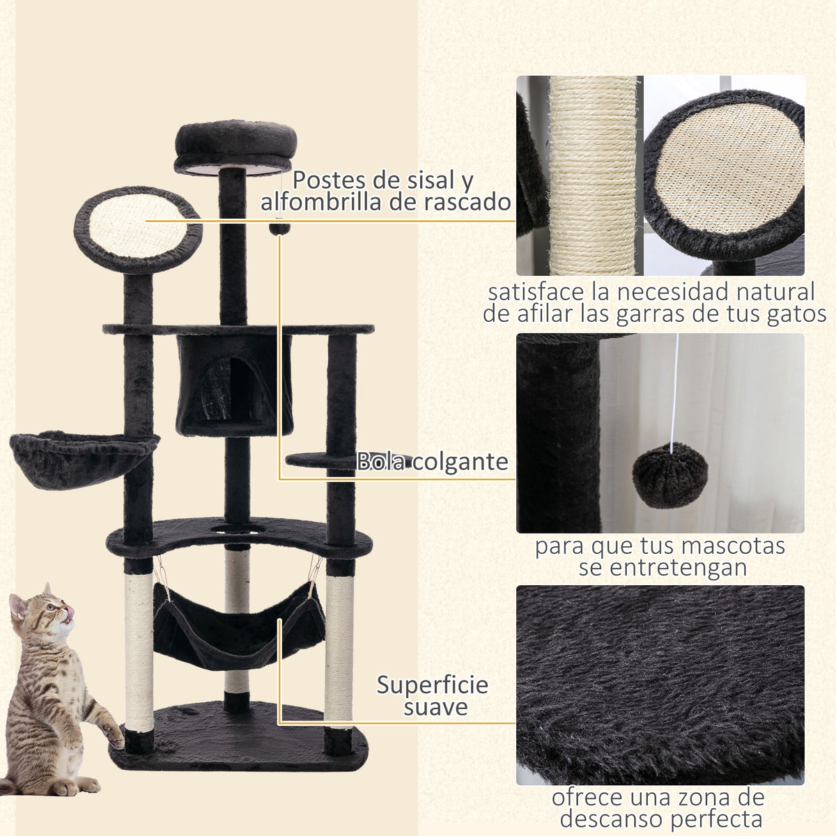 Pawhut Rascador Para Gatos 153 Cm Con Cueva Plataformas Postes De Sisal Y Bola_4