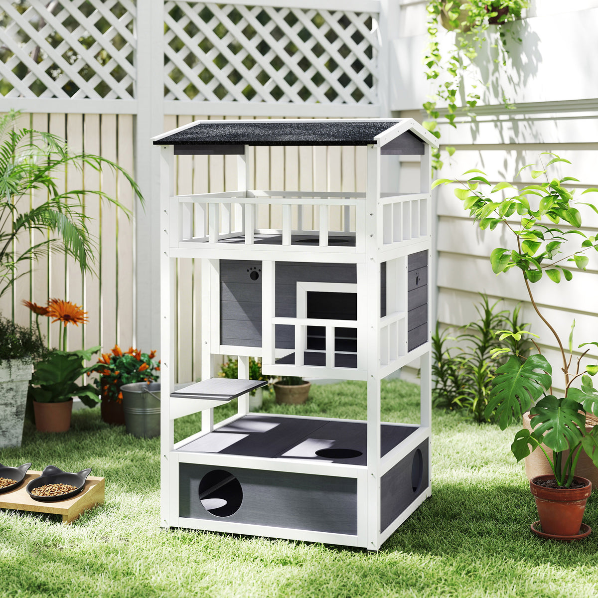 Pawhut Casa Para Gatos De Madera 75,5x75x137 Cm Con Techo Asfáltico Gris_1