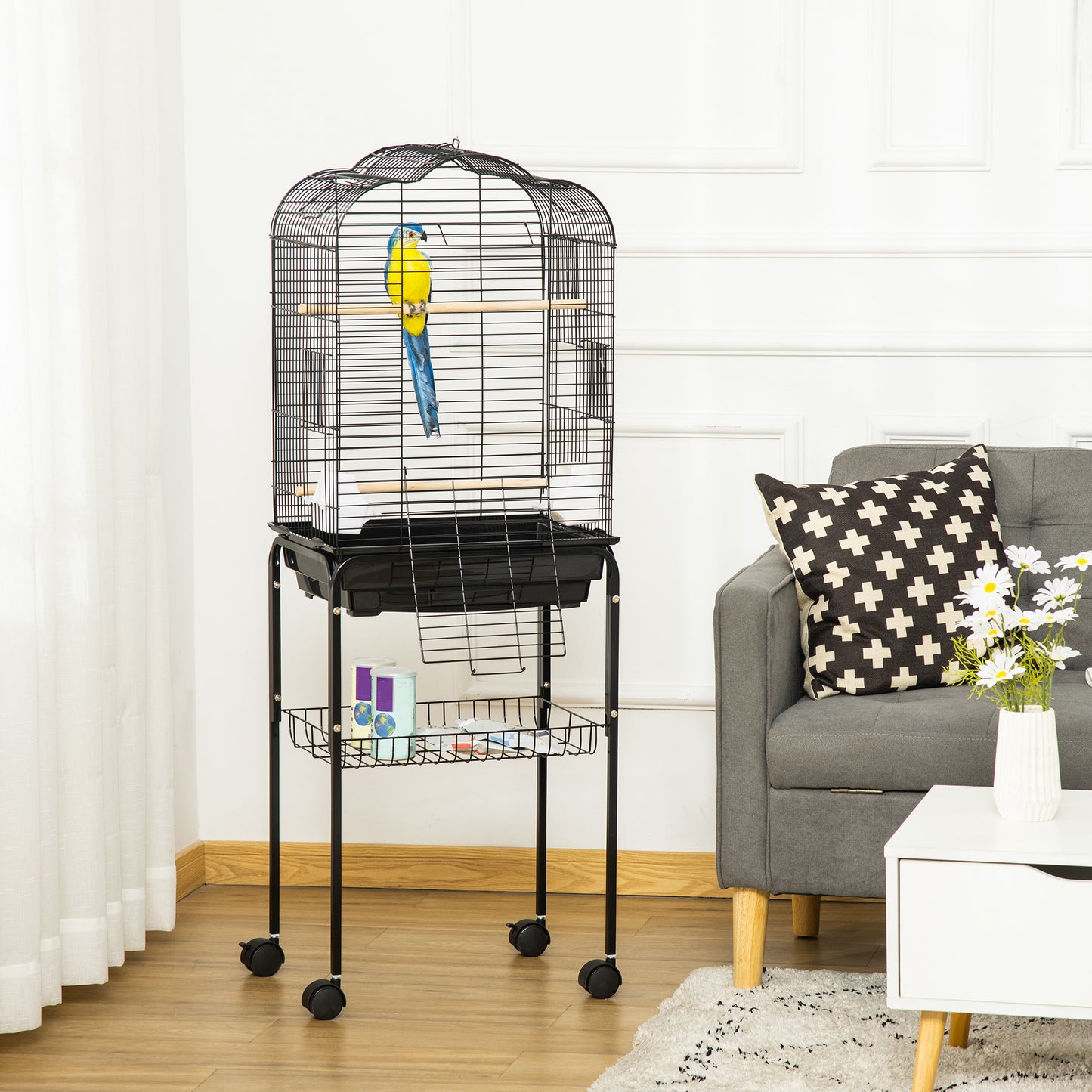 Pawhut Jaula Para Pájaros Con Soporte 4 Ruedas Techo Abrible 2 Comederos Estante_1
