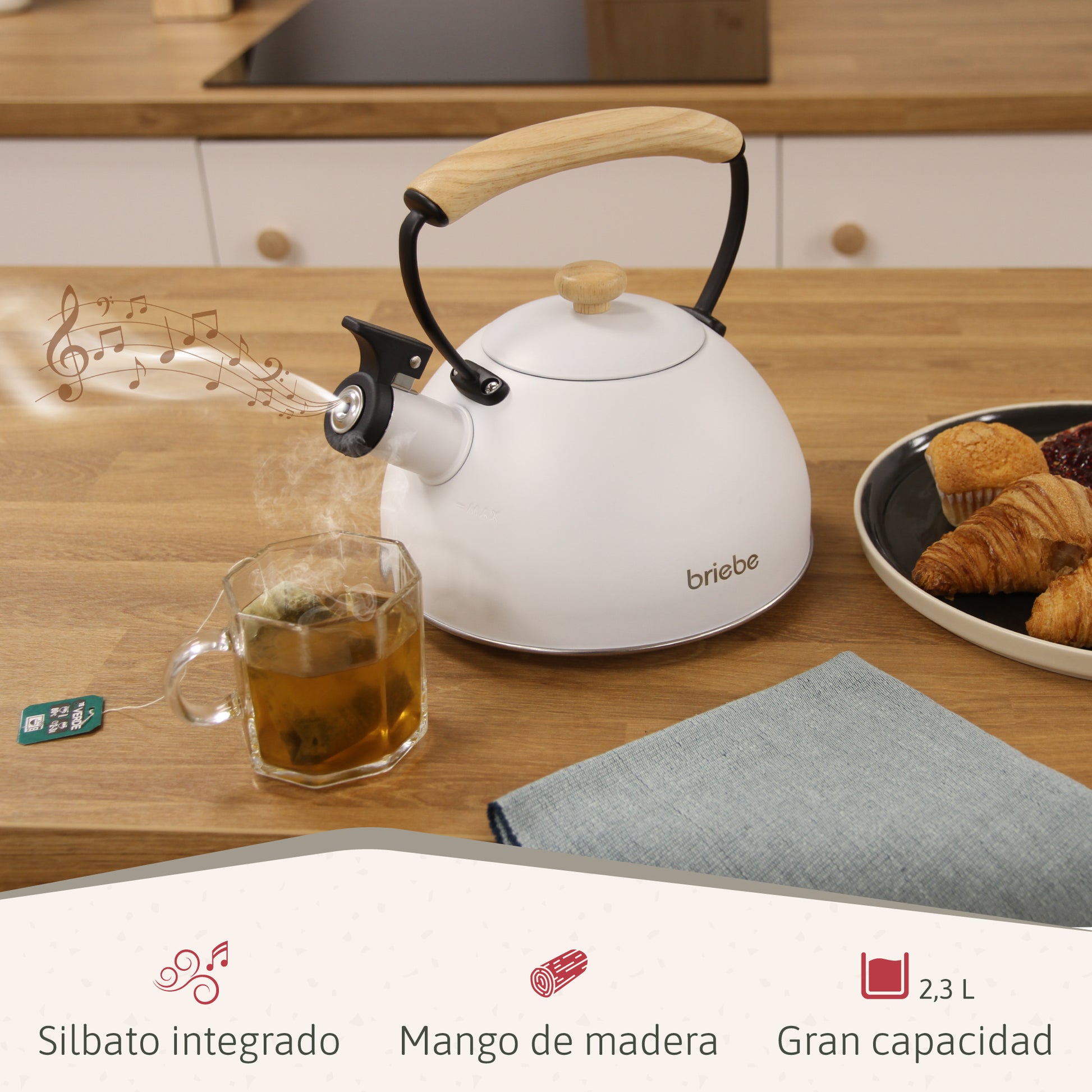 Briebe Tetera Con Silbato, Hervidor De Agua 2,3l, Inducción, Acero Inox, Vintage, Mango Madera, Nordic, Blanco_1