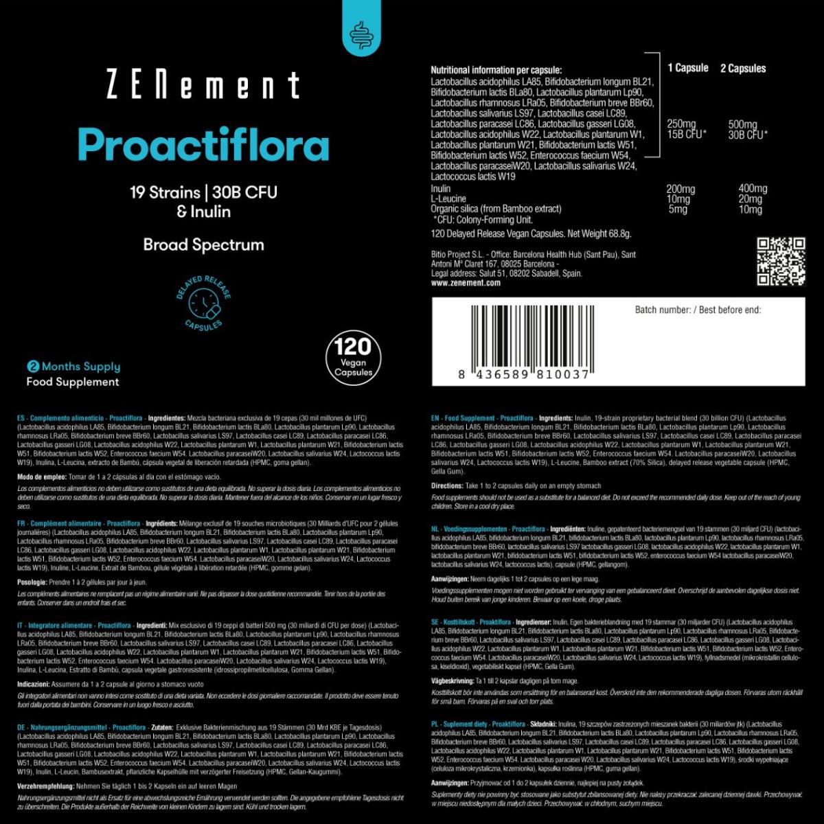 Proactiflora, 19 cepas + Inulina, Cápsulas Gastrorresistentes Zenement, 120 comprimidos
