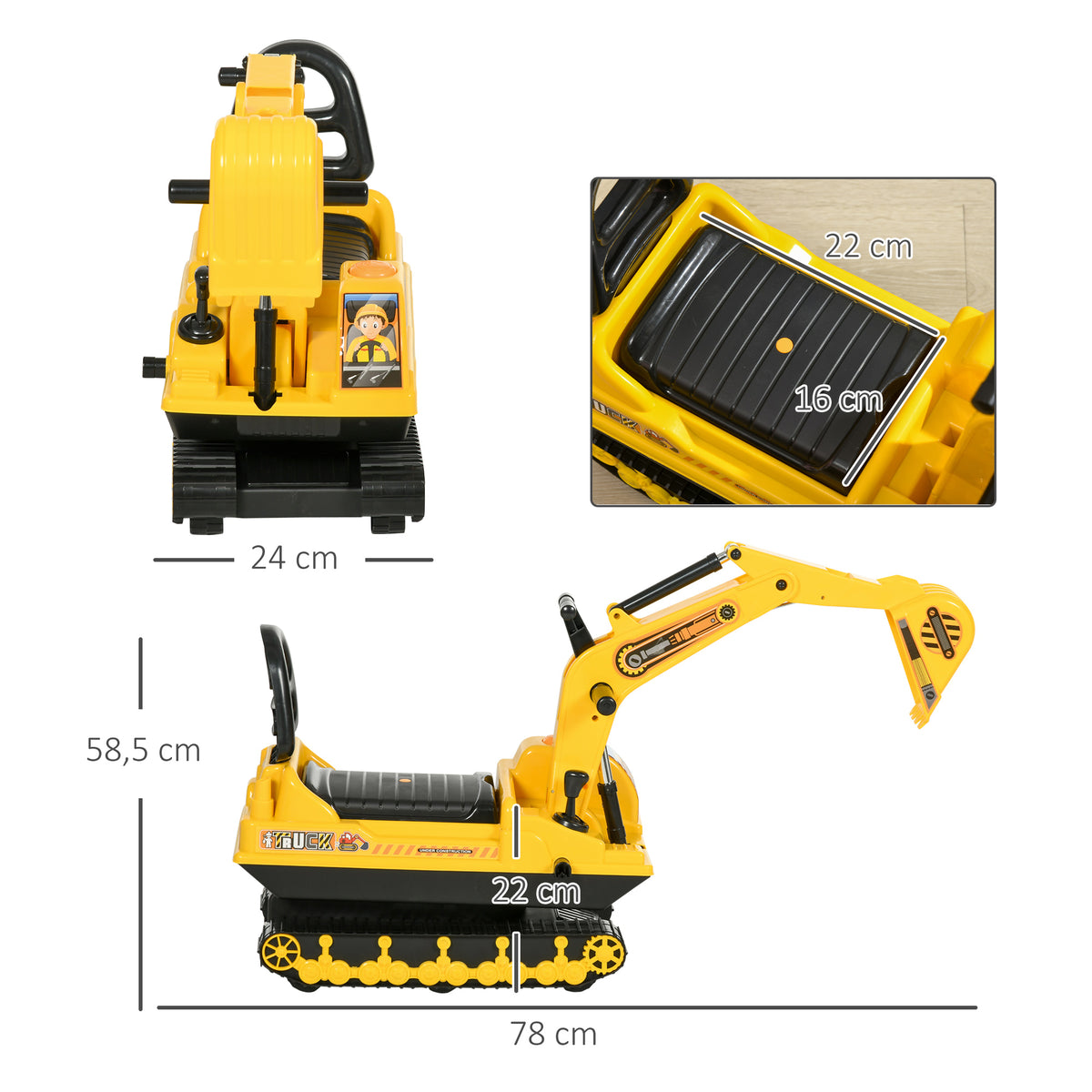 Homcom Excavadora Sin Pedales Para Niños Con Brazo Móvil 78x24x58,5 Cm Amarillo_2