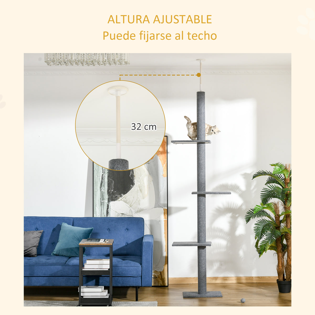 Pawhut Árbol Para Gatos Del Suelo Al Techo 43x27x228-260 Cm Con Altura Ajustable_4