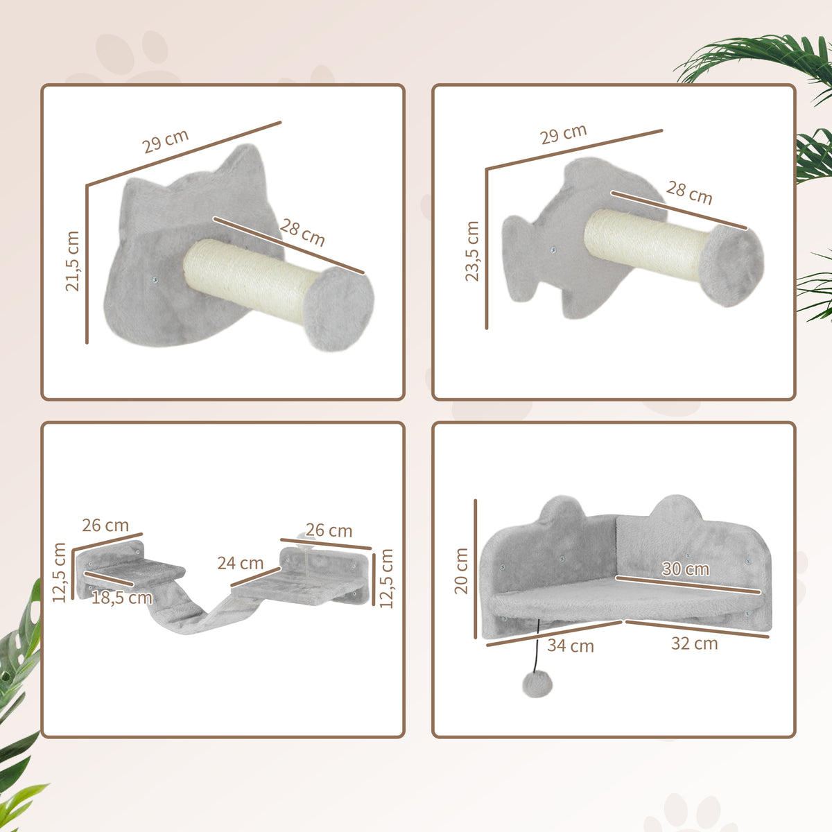 Pawhut Juego De Pared De Escalada Para Gatos De 4 Piezas Con Plataformas Gris_2