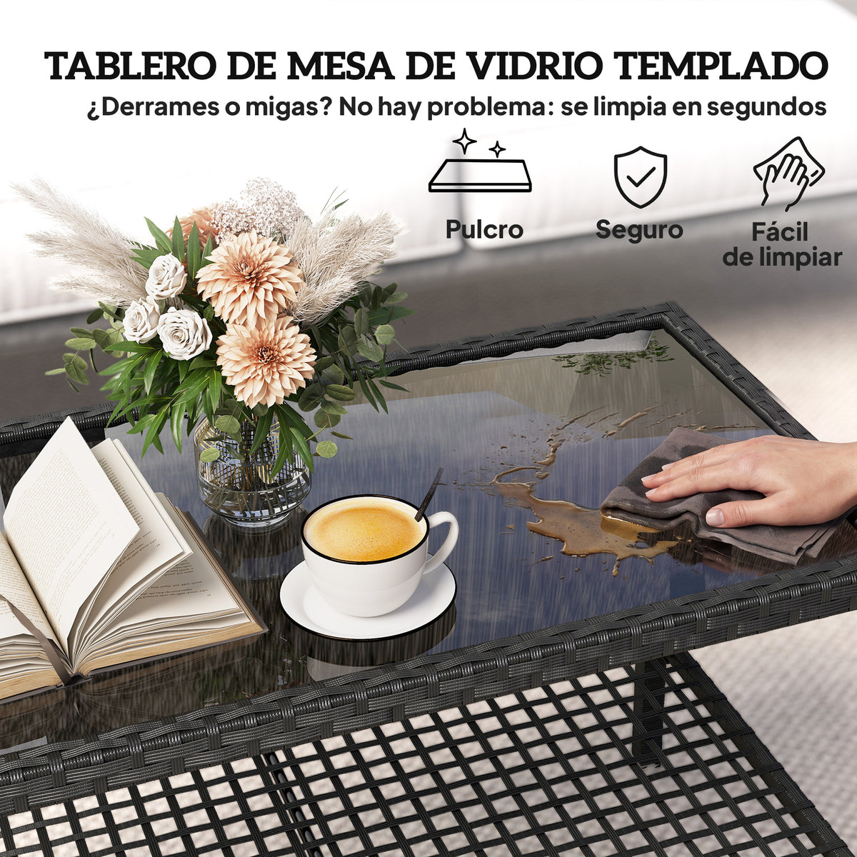 Outsunny Mesa De Jardín De Ratán Con Estante Tablero De Vidrio Templado Negro_5