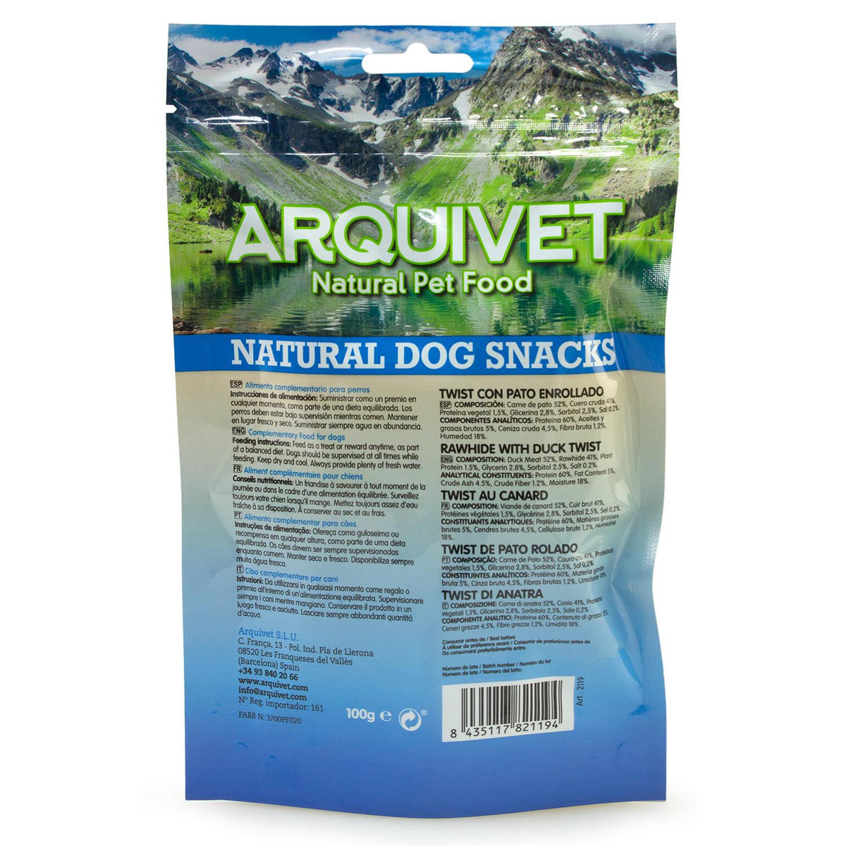 Snack natural para perros  Twist de pato enrollado Arquivet 13cm   100gr