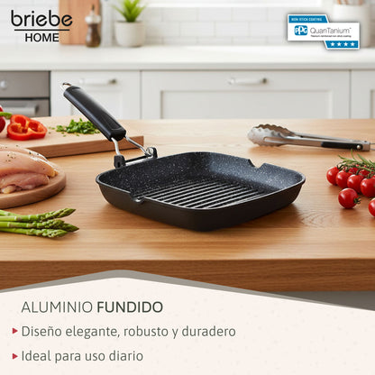 Briebe Grill Asador, Inducción, Antiadherente Titanio 28x28cm Aluminio Fundido Sin Pfoa Mango Plegable, Gp1159, Negro_2