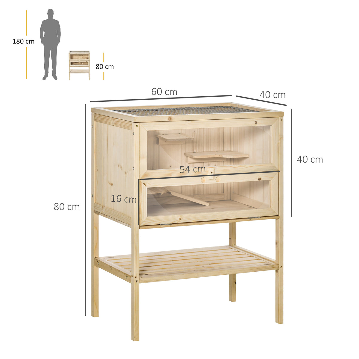Pawhut Jaula De Madera Para Hámster Con Rampa Techo Abatible Estante Inferior_2