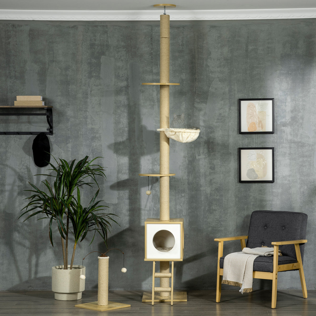 Pawhut Árbol Para Gatos Del Suelo Al Techo 220-260cm Con Altura Ajustable Caseta_1