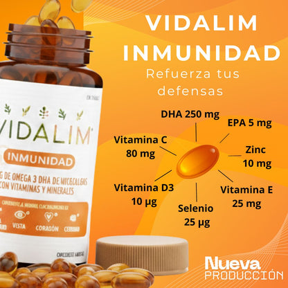 VIDALIM INMUNIDAD. Omega 3 de microalgas con DHA, Vitaminas y Minerales – 60 Cápsulas Vidalim_1