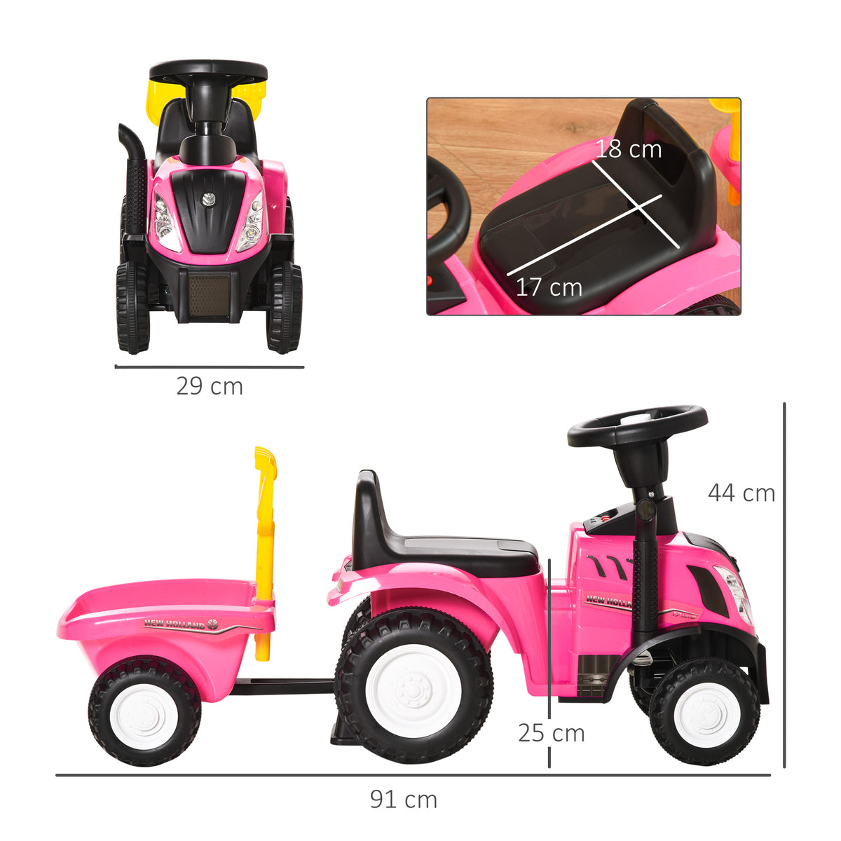 Homcom Tractor Con Remolque Para Niños 12-36 Meses Con Faros Pala Y Rastrillo_2