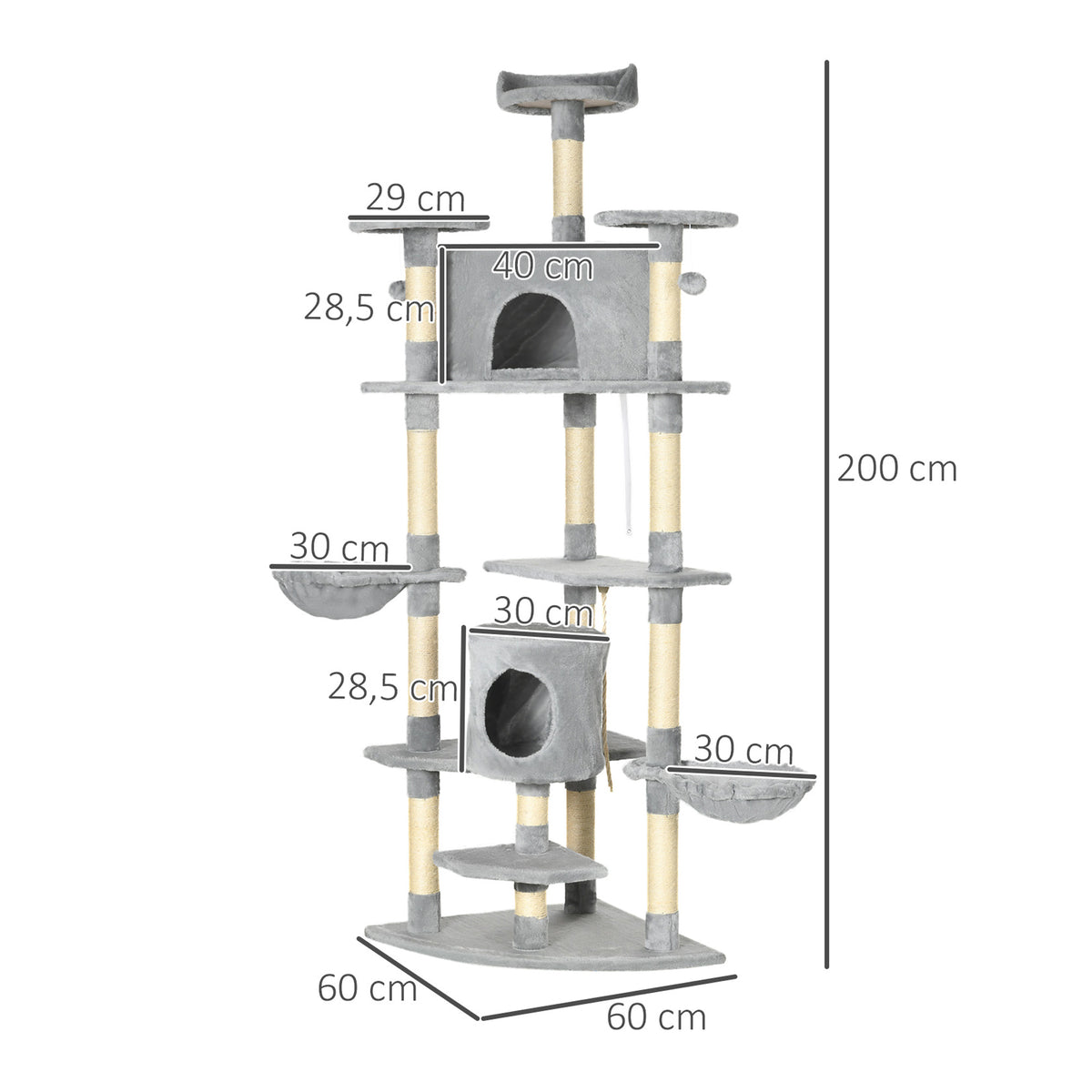 Pawhut Árbol Rascador Para Gatos 60x60x200 Cm Con 2 Cuevas Múltiples Plataformas_2