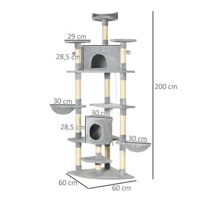 Pawhut Árbol Rascador Para Gatos 60x60x200 Cm Con 2 Cuevas Múltiples Plataformas_2