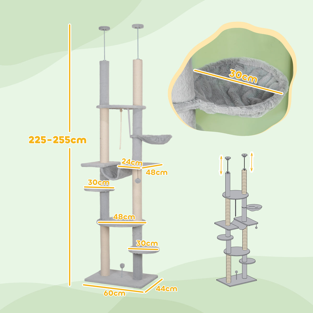 Pawhut Árbol Para Gatos De Suelo A Techo Con Altura Ajustable 225-255 Cm Gris_2