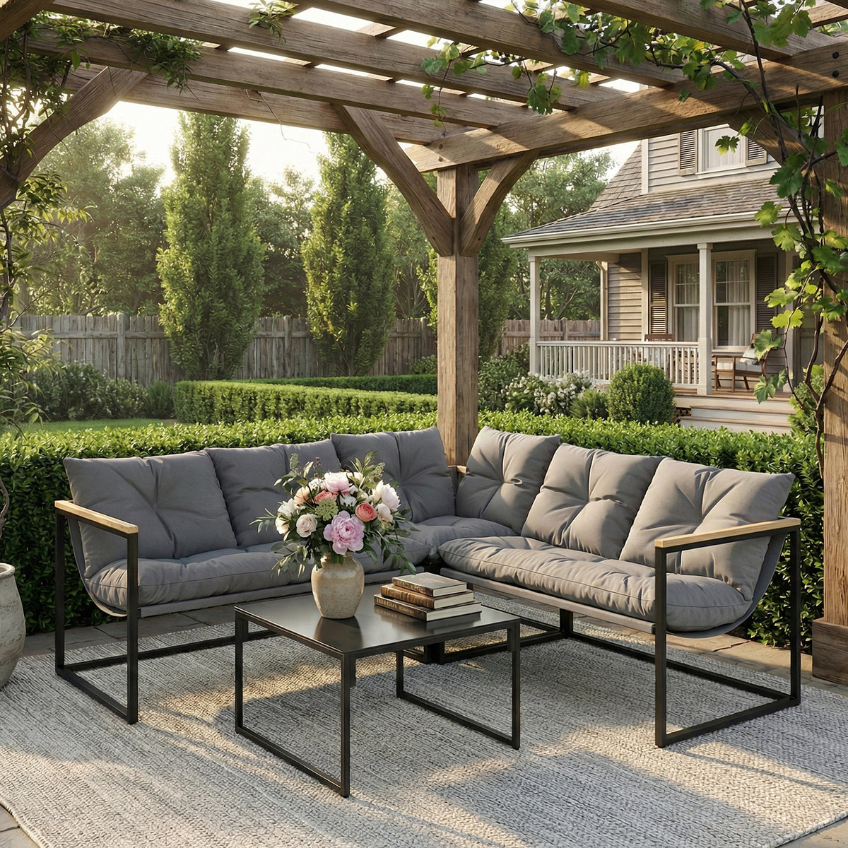 Outsunny Conjunto De Jardín Exterior De 4 Piezas En Forma De L Con Cojines Gris_1
