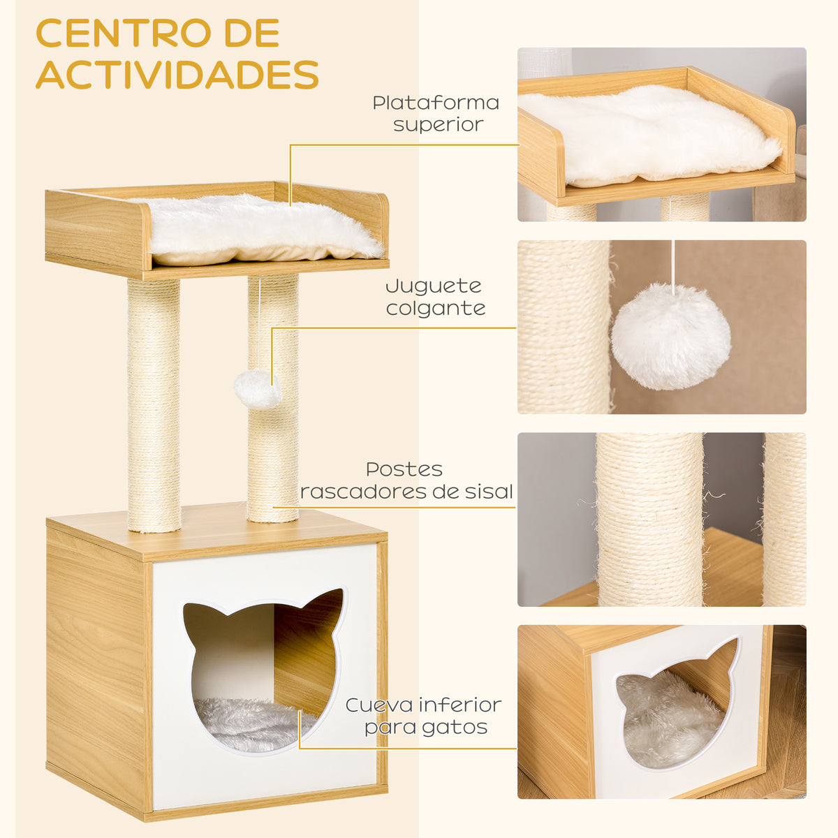Pawhut Árbol Para Gatos Con Cueva Cama Postes Rascadores Y Cojines 35x35x81 Cm_3