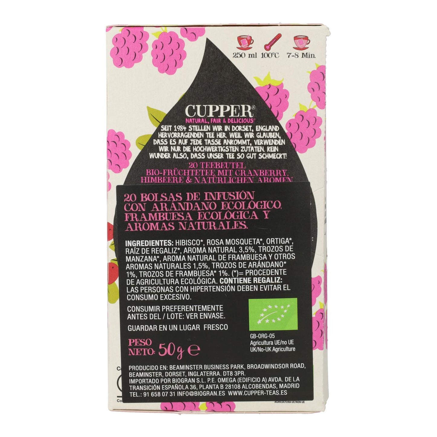 Infusión Arándano y Frambuesa Bio Cupper 20 Bolsas