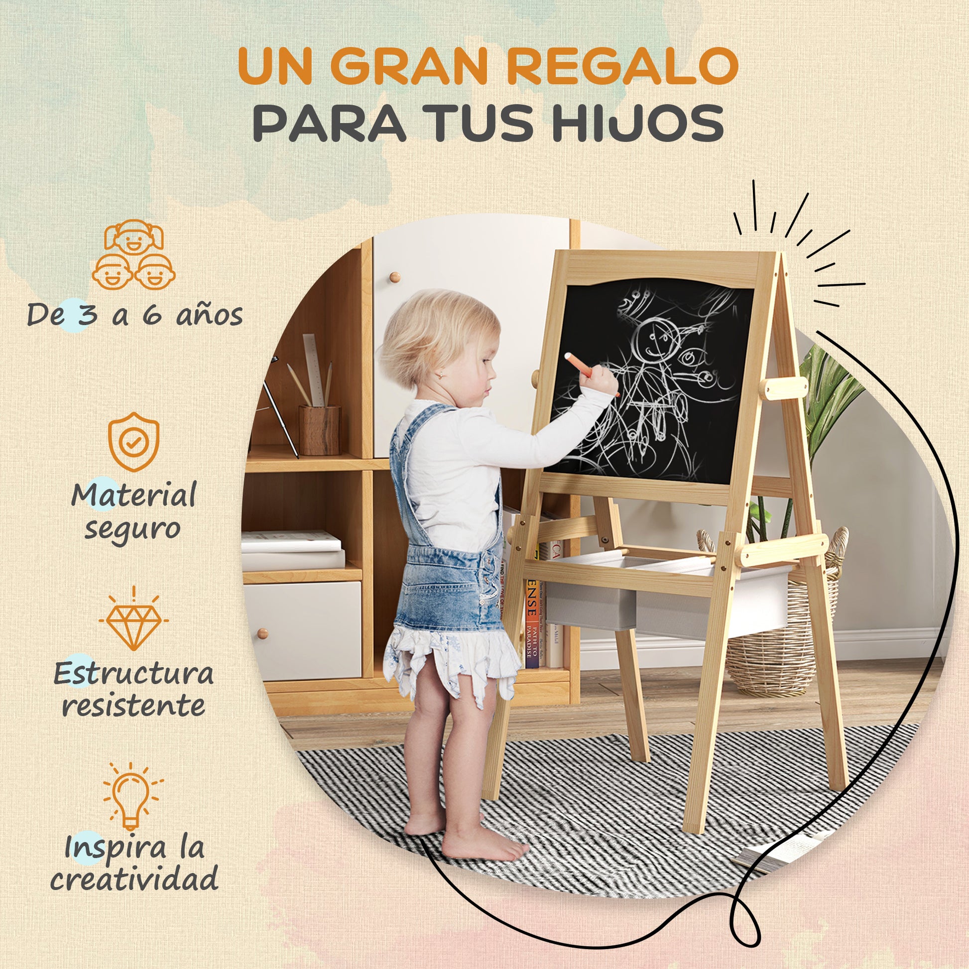 Aiyaplay Caballete Para Niños 3 En 1 Con Rollo De Papel 58x50,5x109 Cm Natural_5