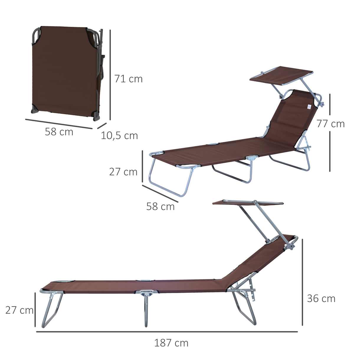 Outsunny Tumbona De Jardín Plegable Con Toldo Desmontable 187x58x36 Cm Marrón_2