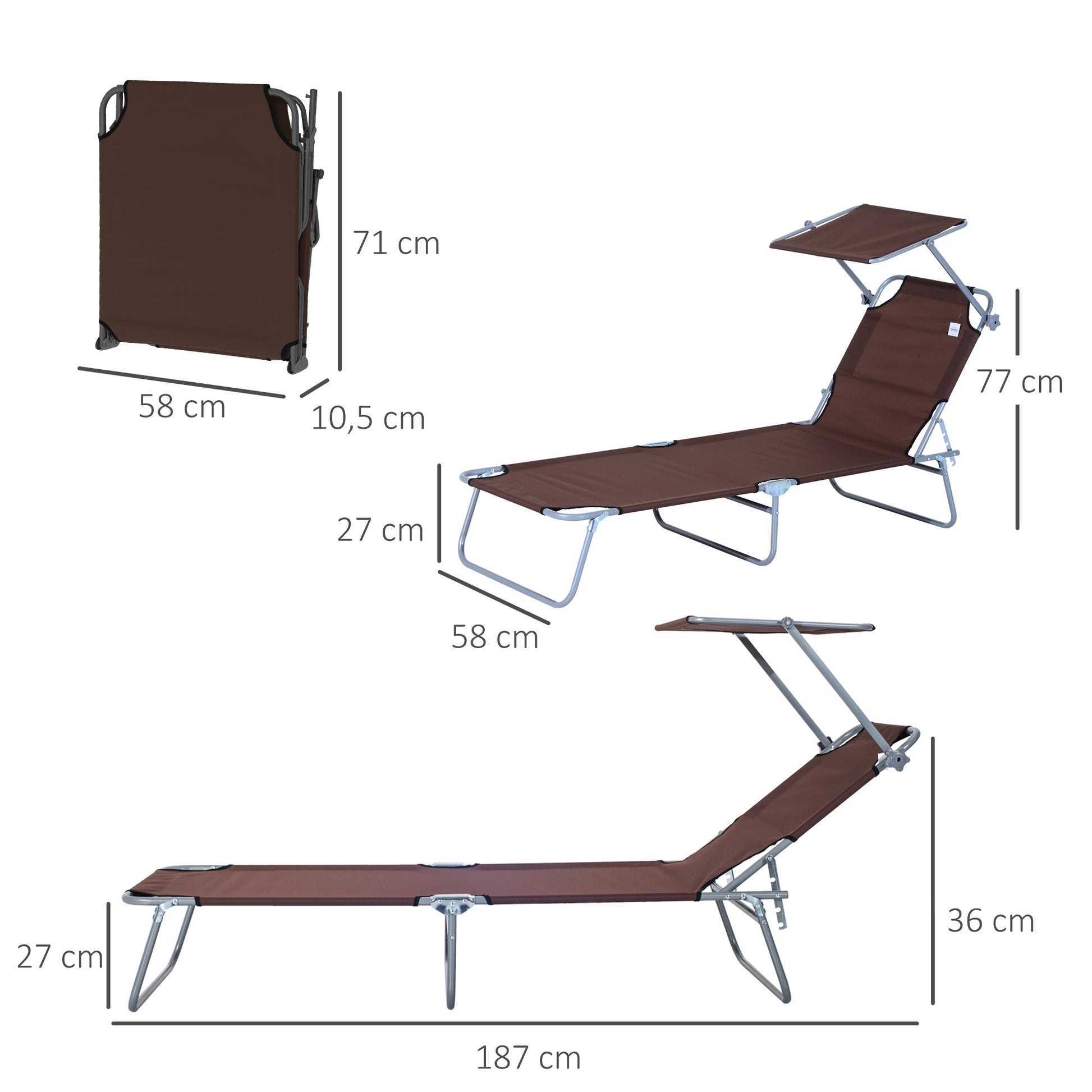 Outsunny Tumbona De Jardín Plegable Con Toldo Desmontable 187x58x36 Cm Marrón_2