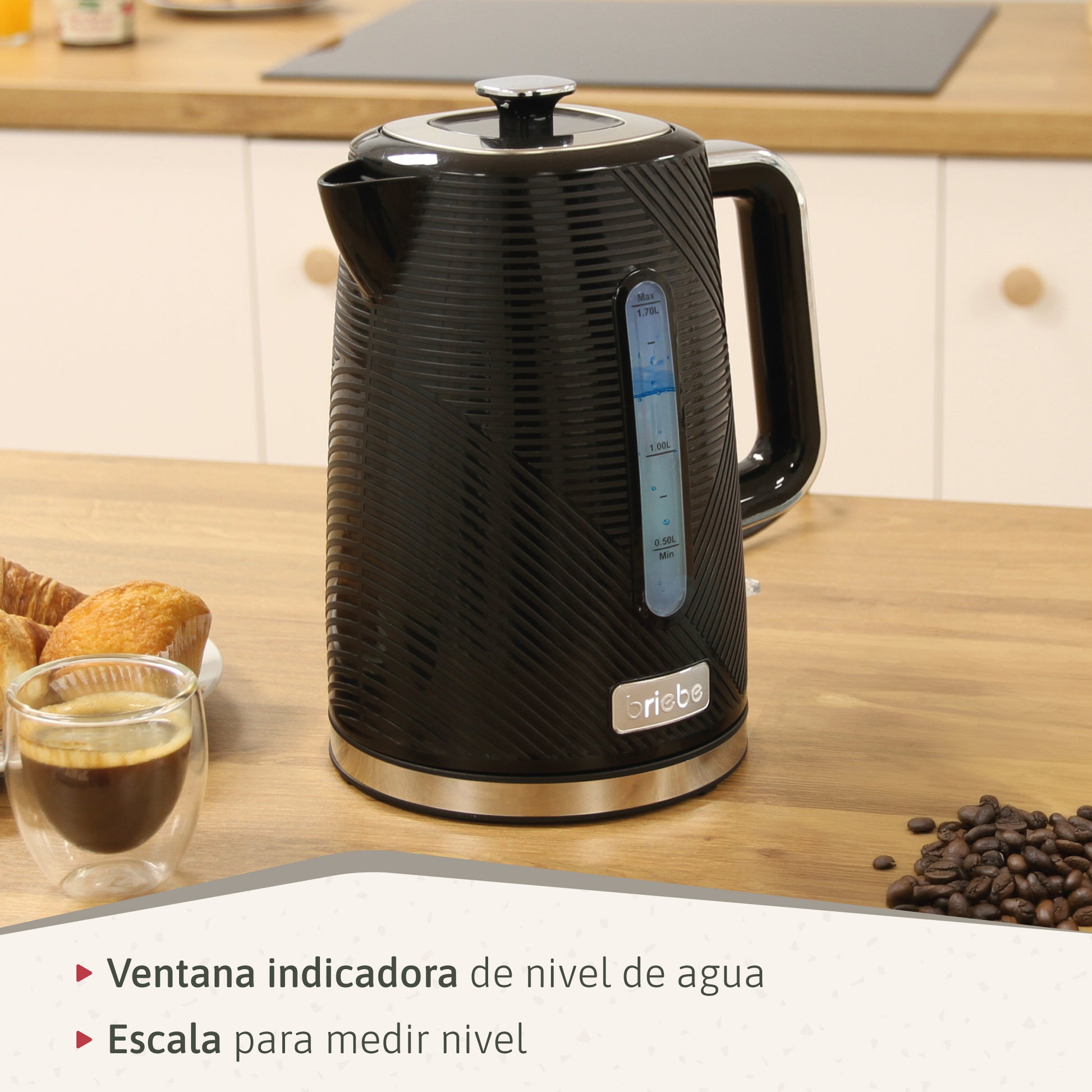 Briebe Elegance Hervidor Agua Eléctrico 1,7l Inalámbrico Ebullición Rápida, Libre De Bpa, Base De 360°, Kt1168blk,negro_5