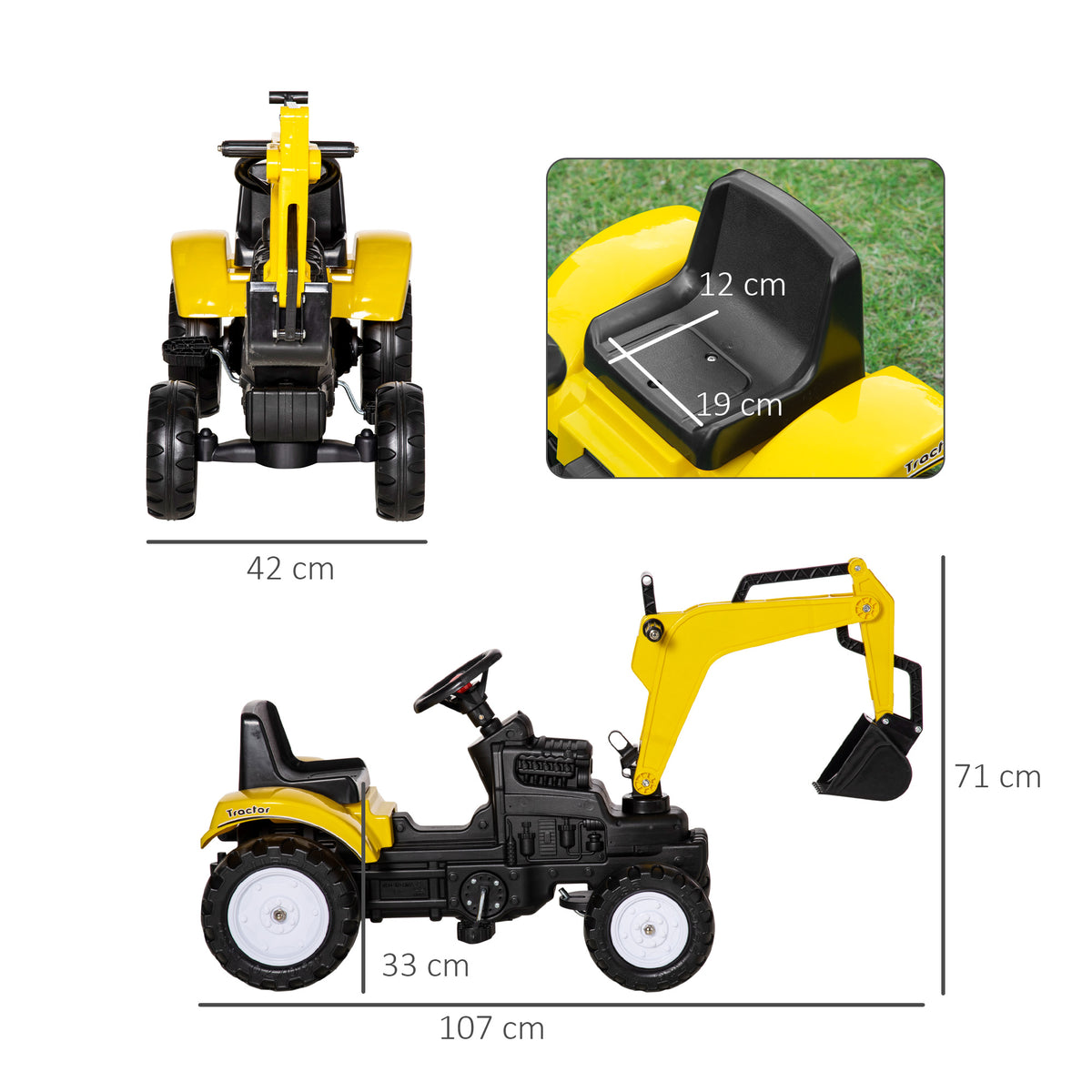 Homcom Tractor A Pedales Para Niños De +3 Años 107x42x71 Cm Amarillo_2
