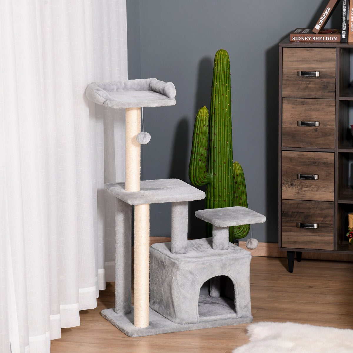 Pawhut Árbol Para Gatos Con Postes De Sisal Plataformas Y Casita Gris Claro_1