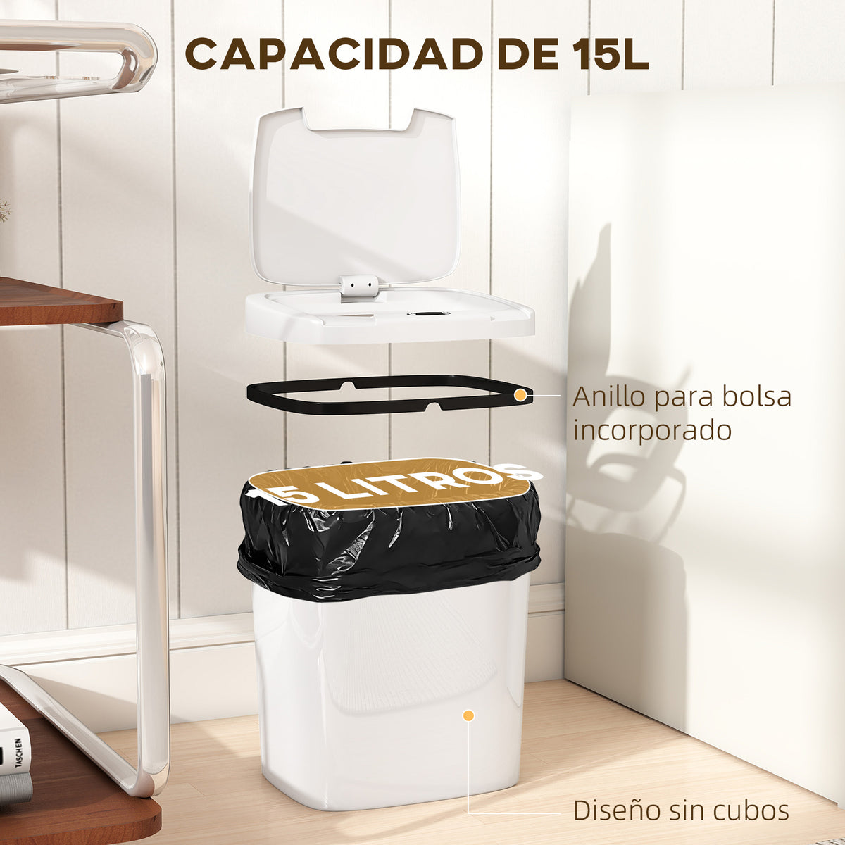 Balde De Lixo Automático Homcom Pp, Abs Branco 27.6x21.4x33.5 Cm_5