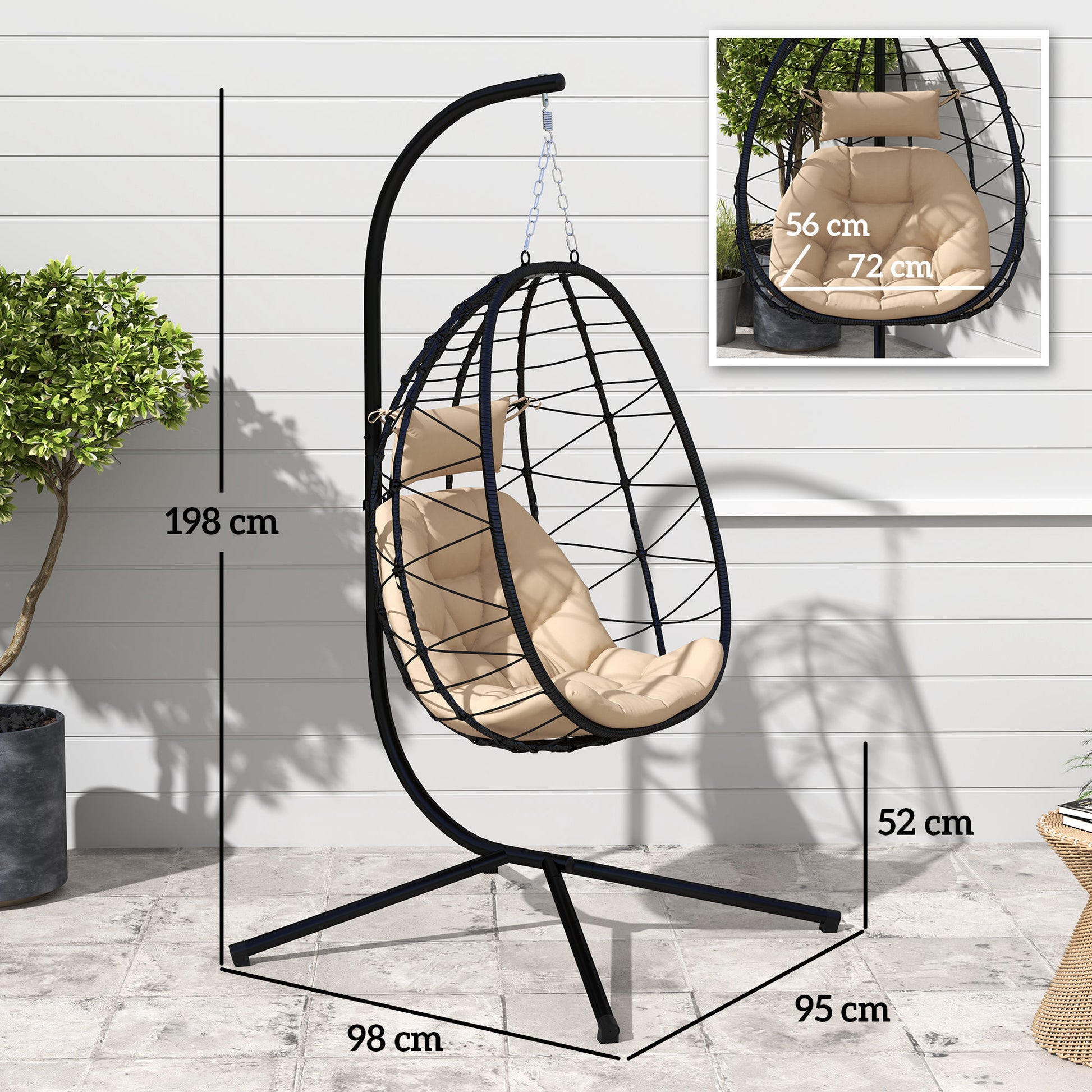 Outsunny Silla Colgante Huevo Con Soporte Con Cesta Plegable Cojín Caqui_2