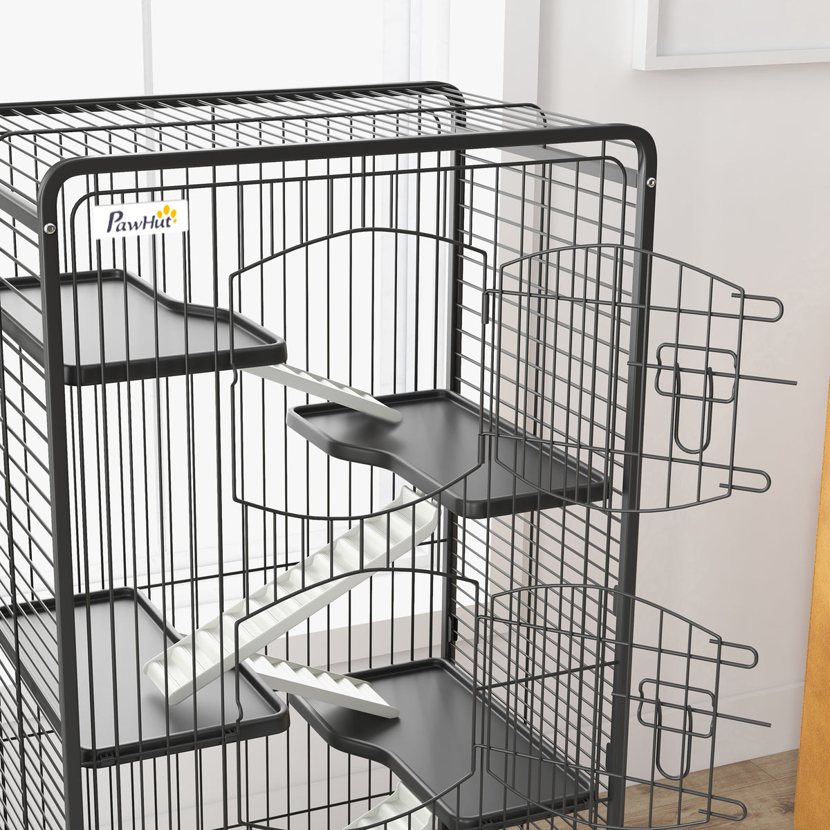 Pawhut Jaula Para Animales Pequeños De 6 Niveles Con Ruedas 61,5x44x131 Cm Negro_4