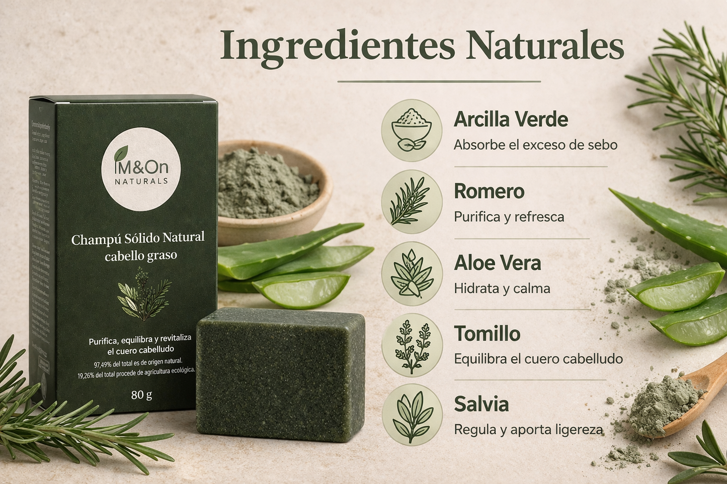 Champú Sólido para Cabello Graso con Aloe Vera, Arcilla Verde y Romero 80 g | M&On Naturals_2