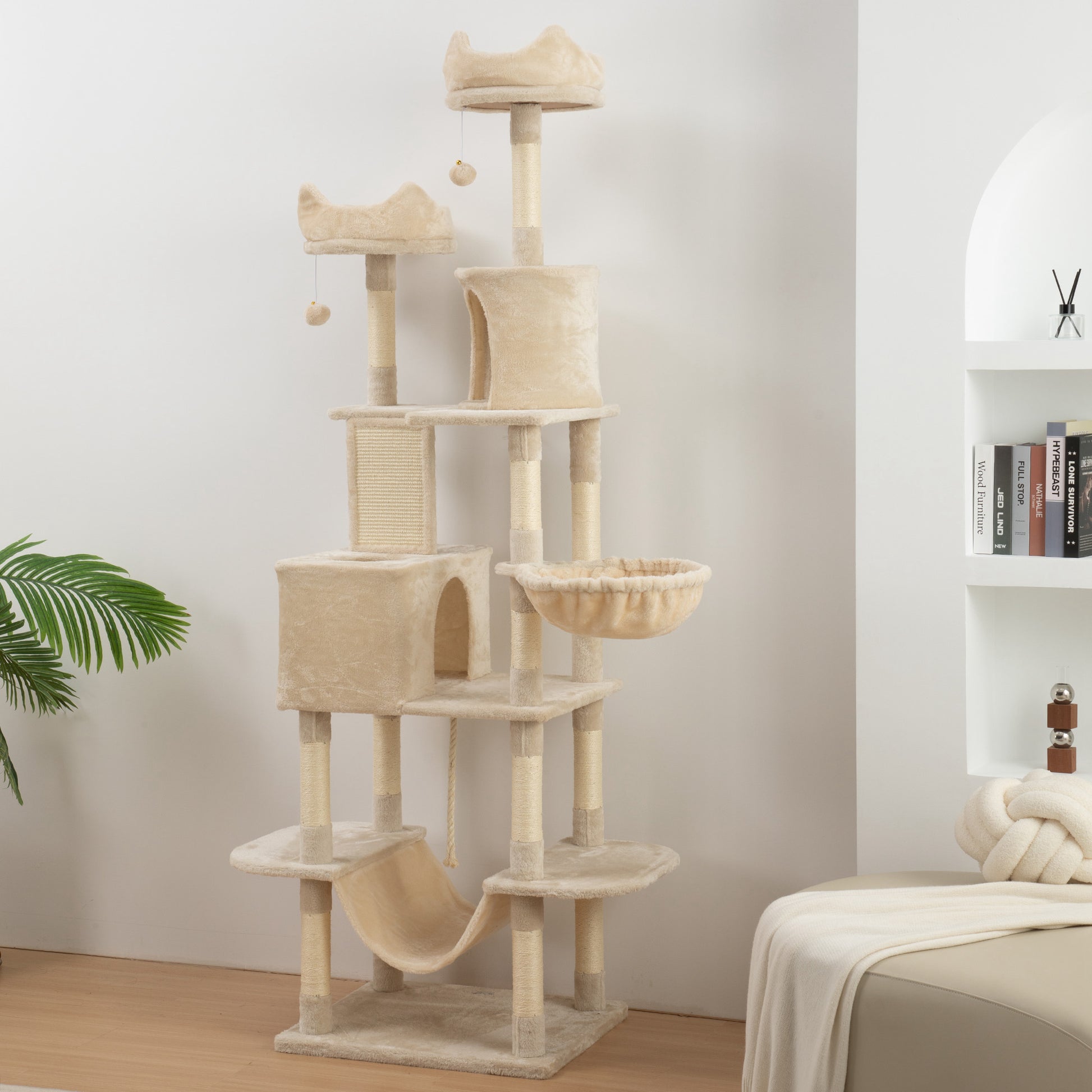 Pawhut Árbol Rascador Para Gatos Grande Altura 206 Cm Con Hamacas Beige_1