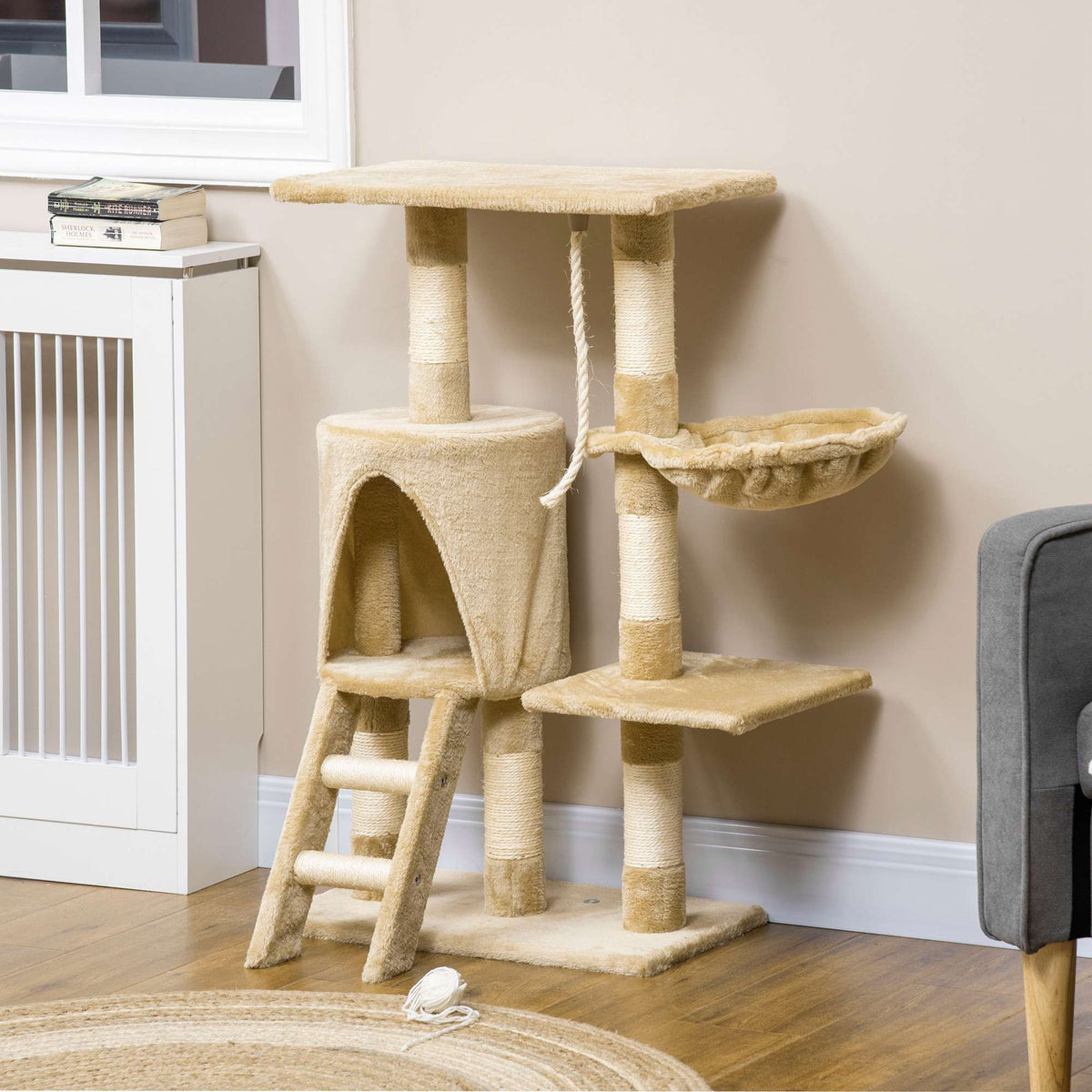 Pawhut Árbol Para Gatos Rascador Altura 95cm Con Nido Plataforma Caseta Escalera_1