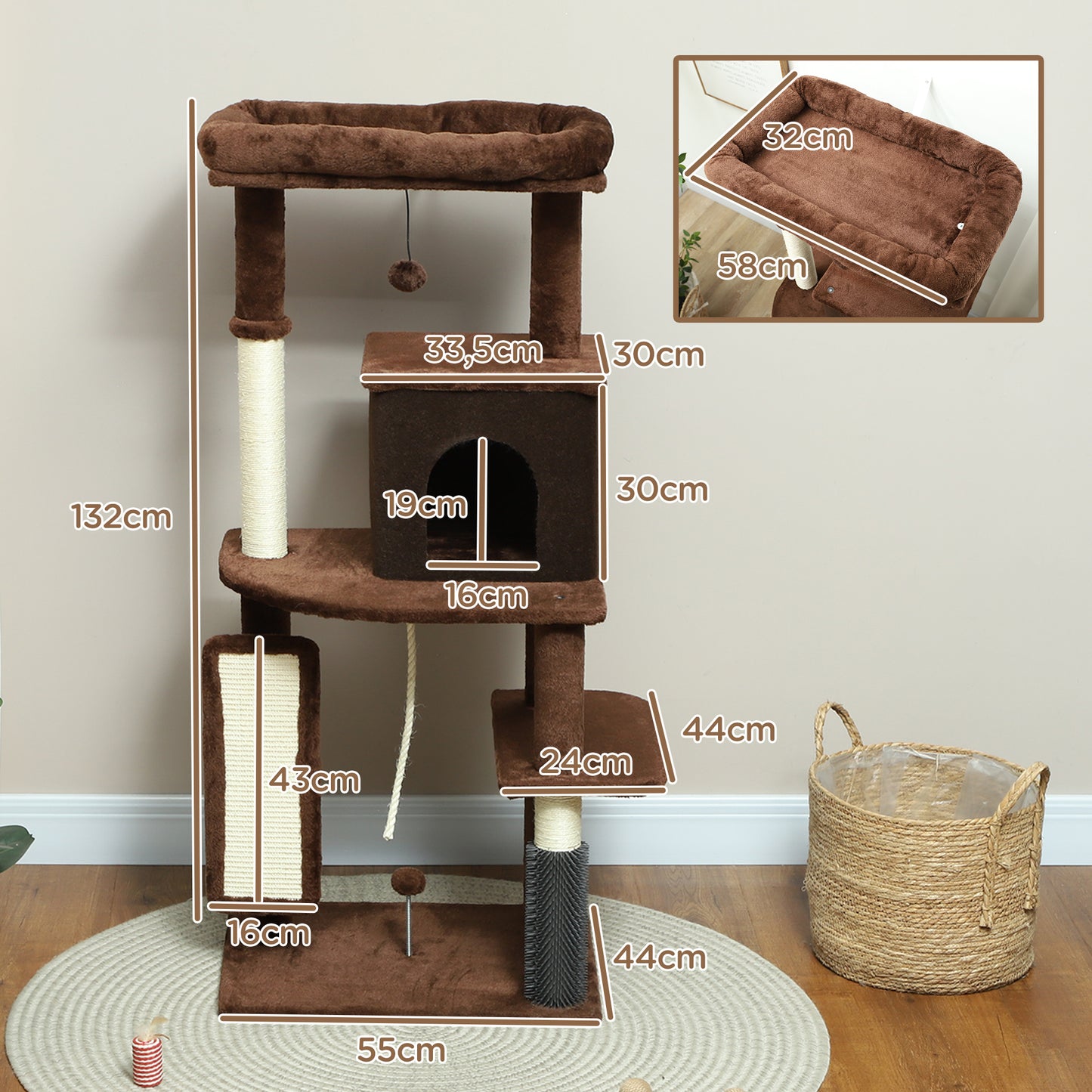 Pawhut Árbol Rascador Para Gatos Grande Altura 132 Cm Marrón_2
