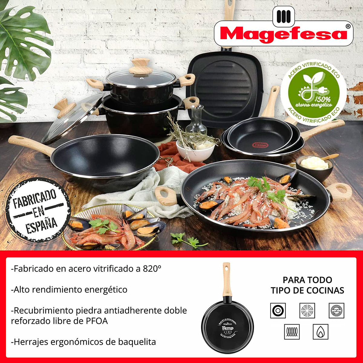 Batería Cocina Inducción 6 Piezas, Antiadherente Libre Pfoa, Exterior Negro Asas Efecto Madera Magefesa Orbe, Negro_2
