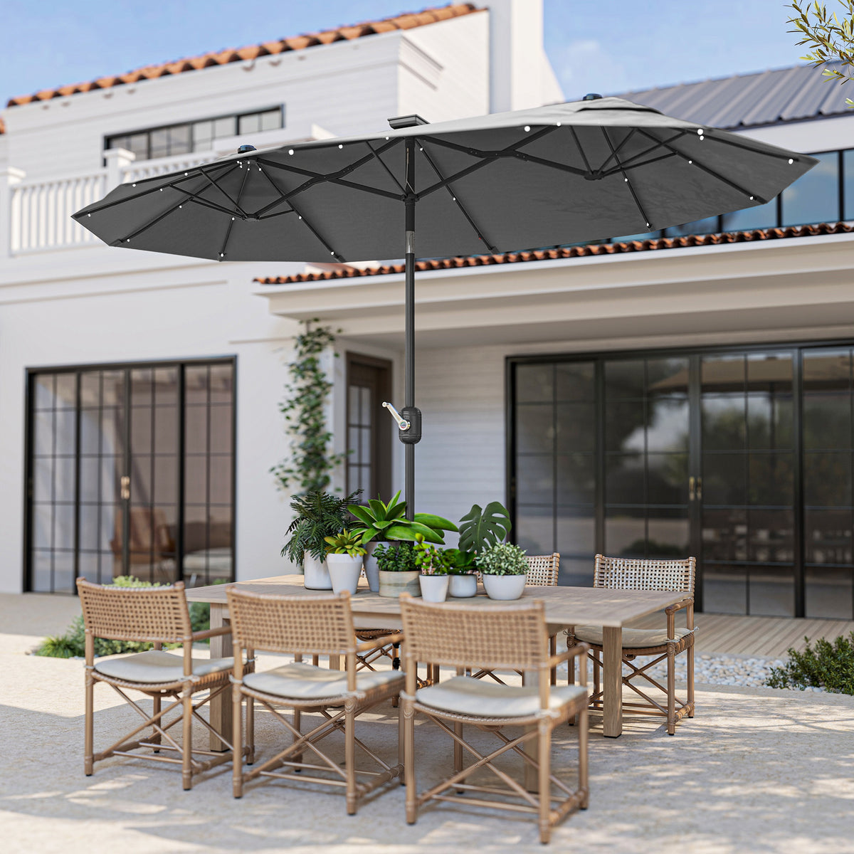 Outsunny Sombrilla Doble 295x150x219 Cm Con Luces Led Solares Gris_4
