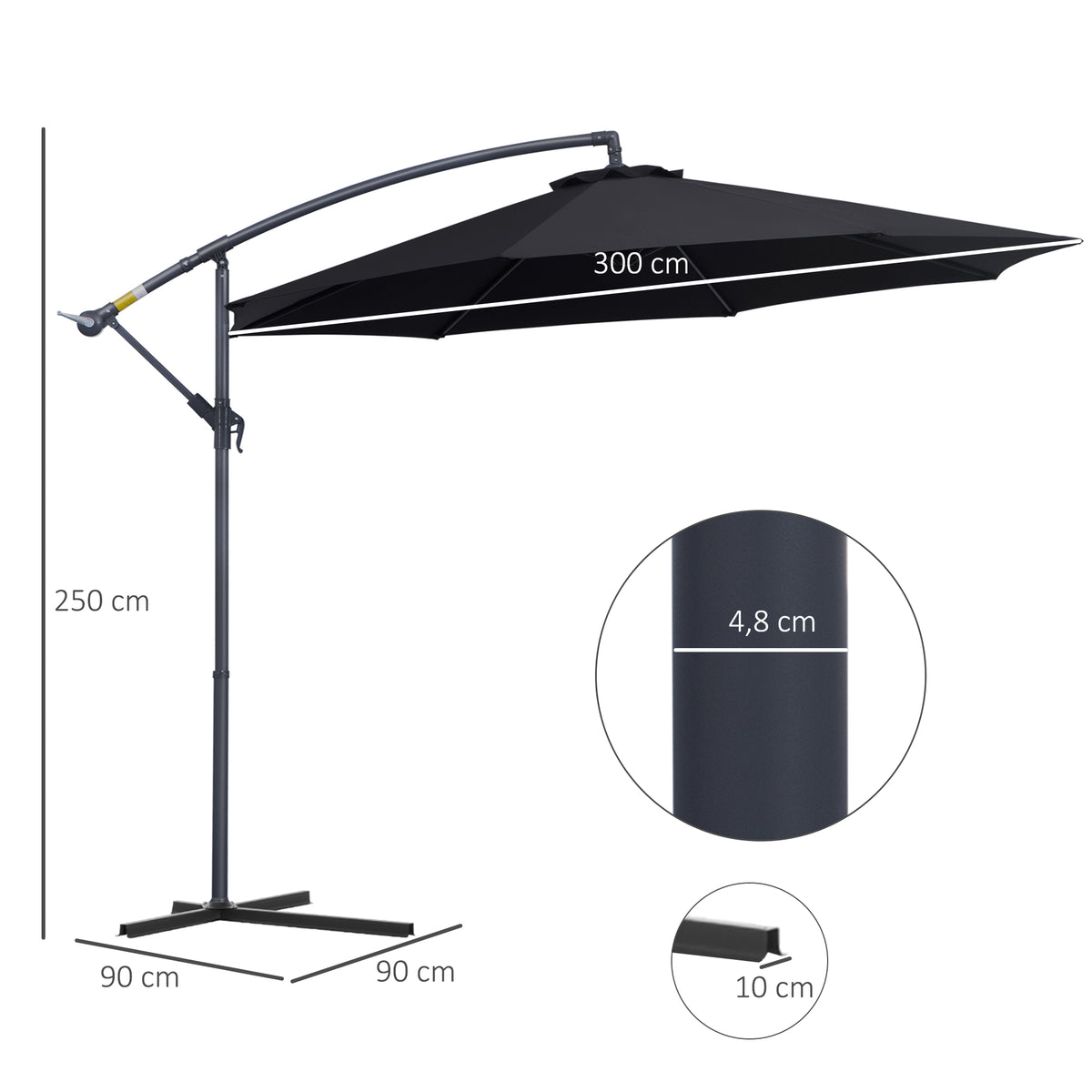 Outsunny Sombrilla De Jardín Ø295x250cm Inclinable Manivela Base Cruzada Negro_2