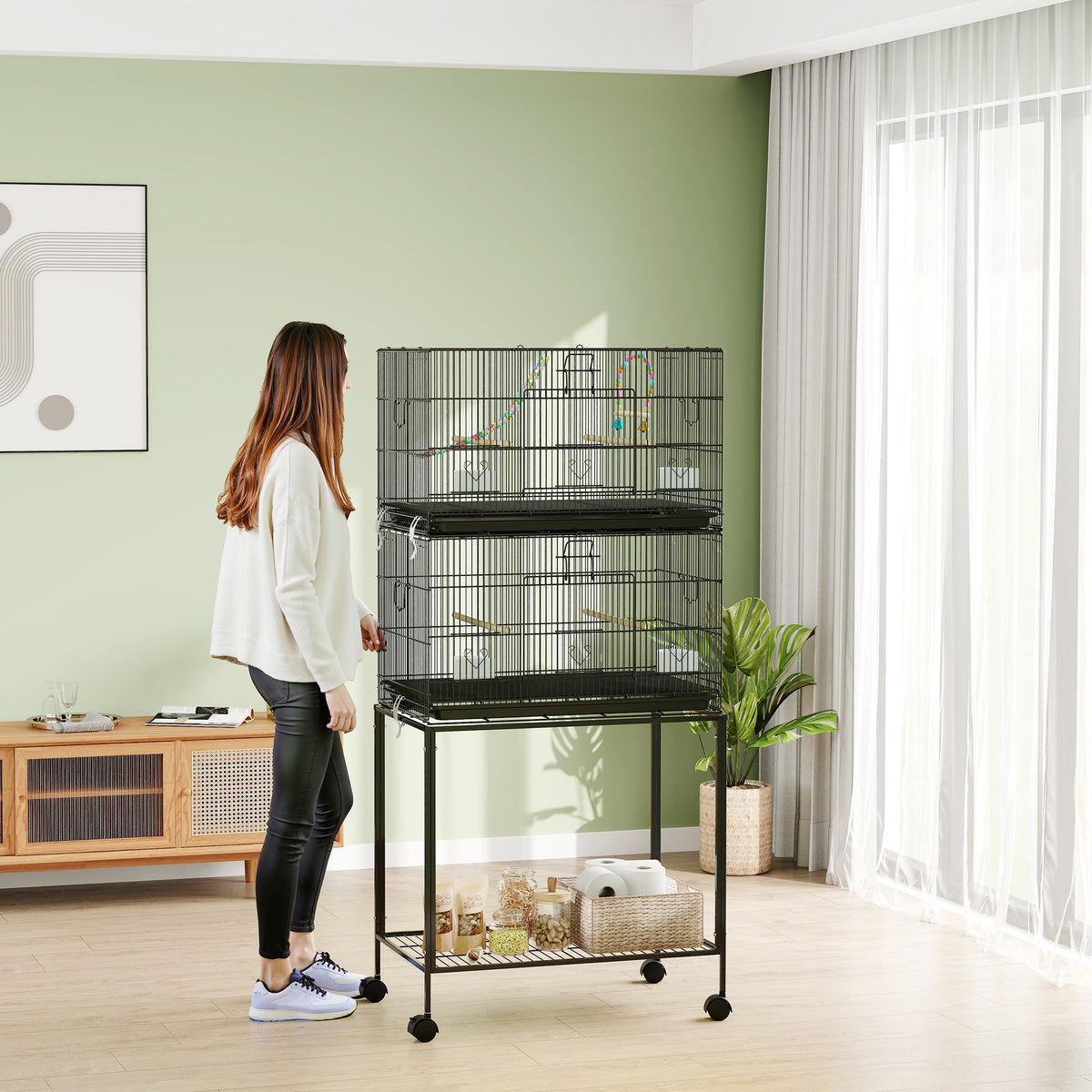 Pawhut Jaula Para Pájaros Doble Apilable 77x46x164 Cm Con Ruedas Negro_4
