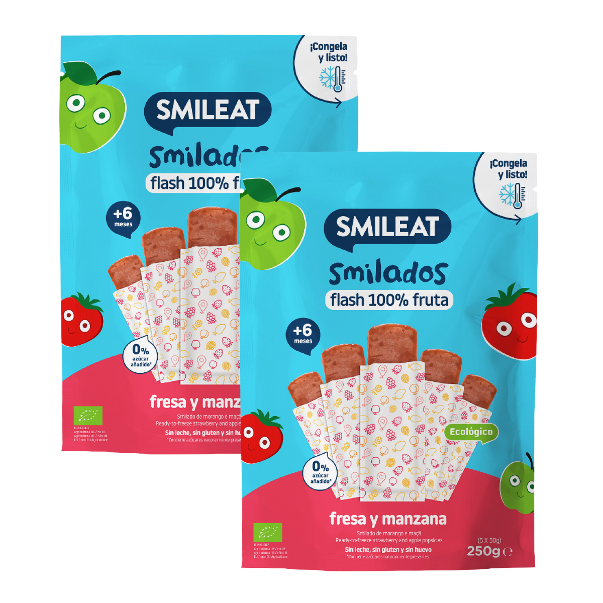 Pack 2x Smilado de Fresa y Manzana ECO helado flas infantil 100% fruta SMILEAT 250 g/ud