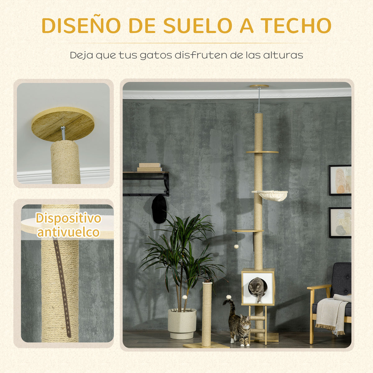 Pawhut Árbol Para Gatos Del Suelo Al Techo 220-260cm Con Altura Ajustable Caseta_4