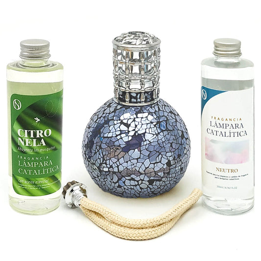Pack Lámpara Catalítica Mosaico Azul Océano + Fragancia Citronela 200ml + Limpiador Neutro 200ml + Mecha De Repuesto_0