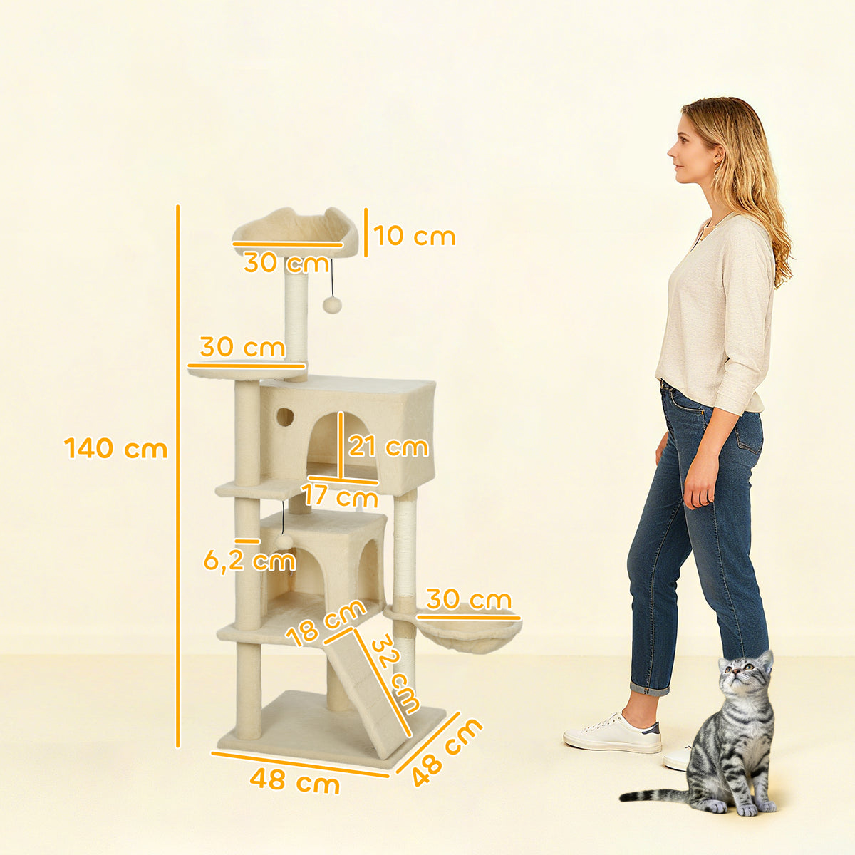 Pawhut Árbol Rascador Para Gatos 140 Cm Con Múltiples Plataformas Beige_2