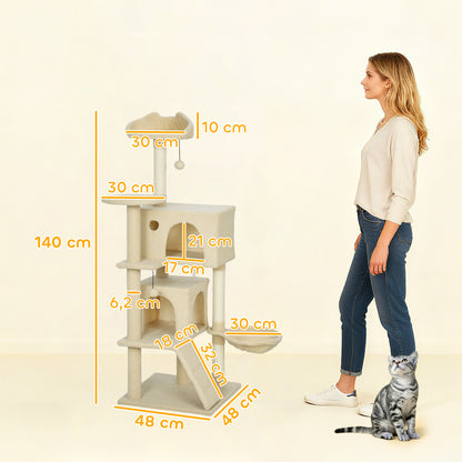 Pawhut Árbol Rascador Para Gatos 140 Cm Con Múltiples Plataformas Beige_2