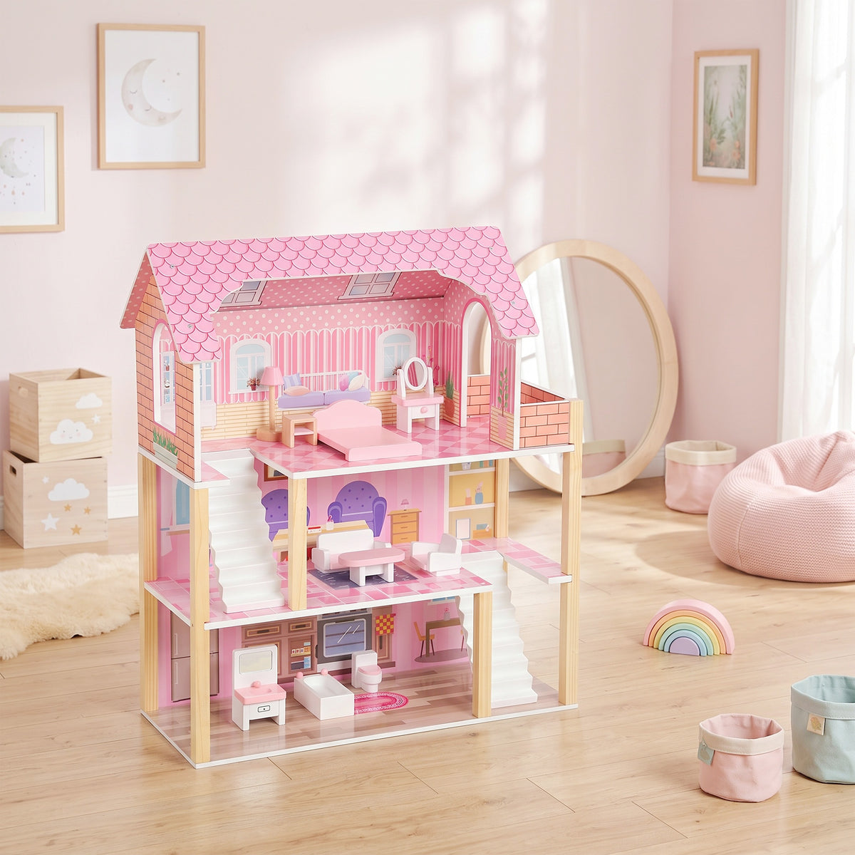 Casa De Muñecas Aiyaplay Mdf, Madera De Pino Rosa 59x23.6x69.5 Cm_1